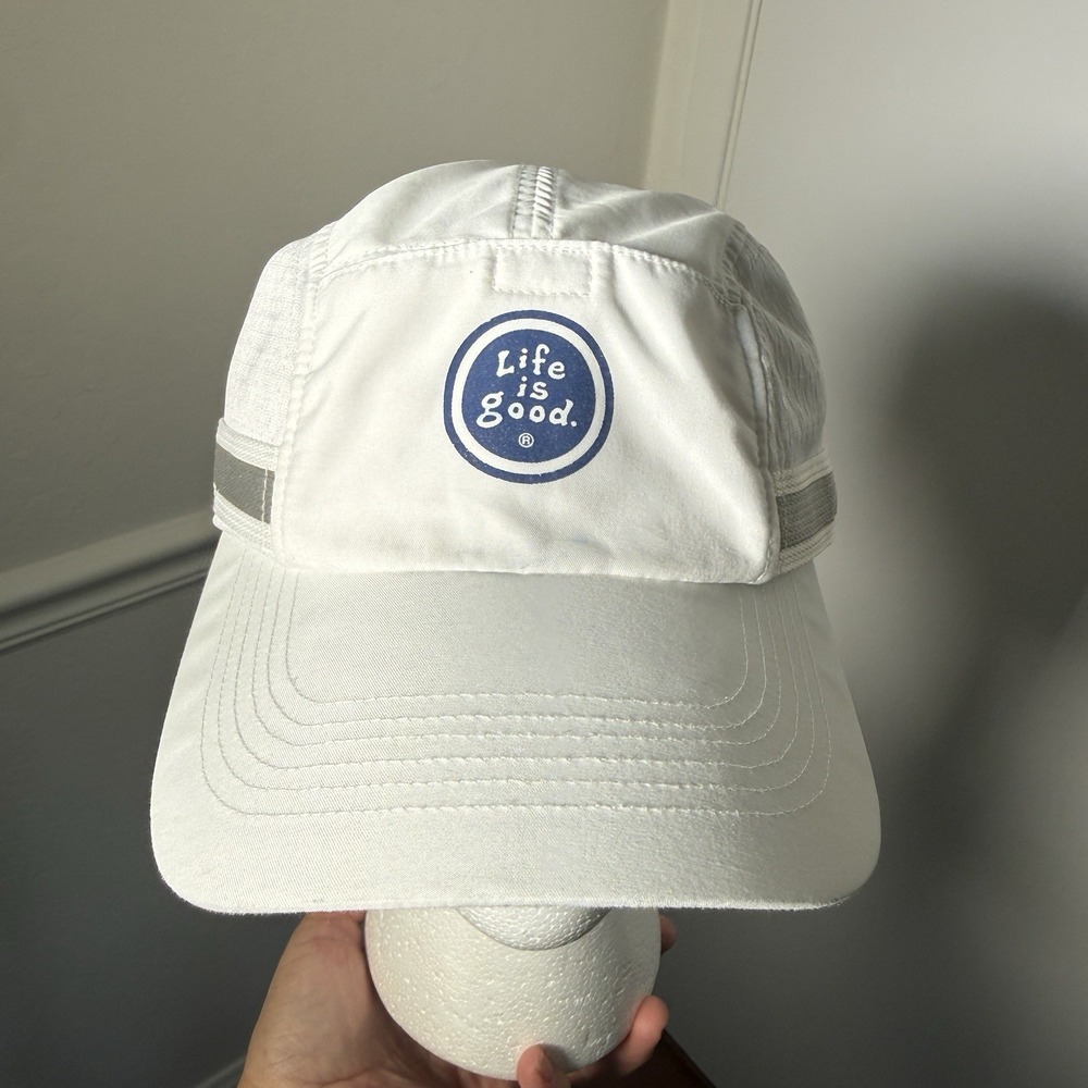 Life is Good Hat Cap Strap Back White Gray Mesh Reflective Running Active Mens